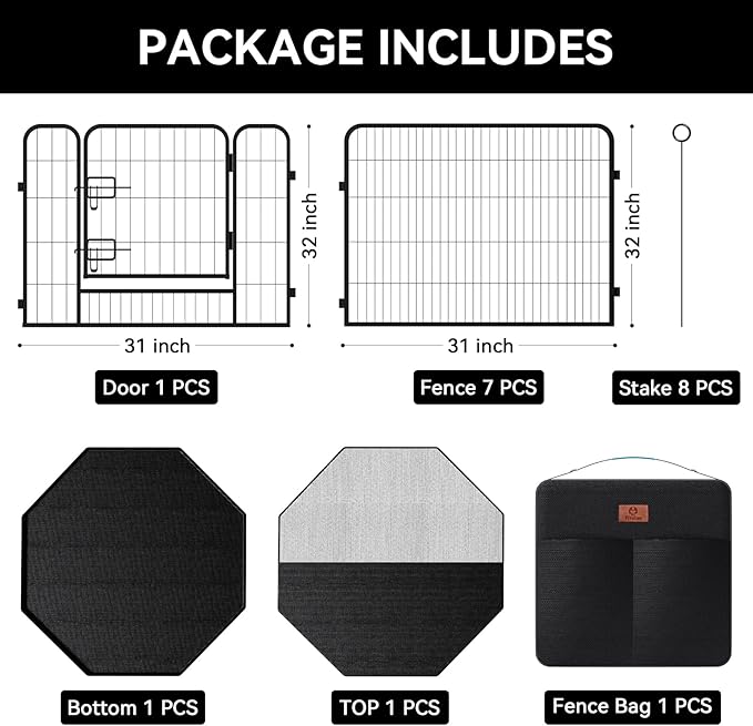 PJYuCien Dog Playpen Plus Storage Bag for Camping, 32" H Dog Pen with Extra Hard Bottom and Top,Heavy Duty Foldable Puppy Playpen for Puppies/Small and Medium Dogs, 8 Panels