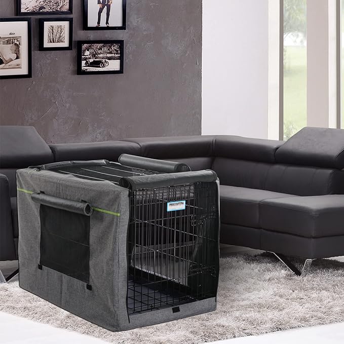 PETSFIT Dog Crate Cover,42 Inch Kennel Cover for Wire Dog Crate, Double Doors, Mesh Window, Flap On The Top and Back is Detachable, Dog Cage Cover Grey