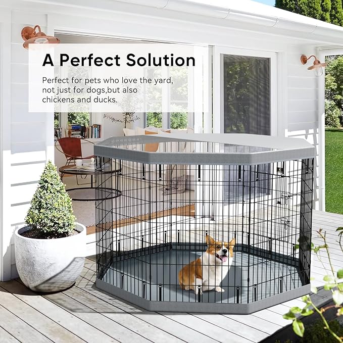 PJYuCien Puppy Playpen,8 Panels 42”H Dog Playpen with Gery Bottom Pad and Grey Top Cover,Metal Foldable Dog Exercise Pen for Indoor,Better for Small Pets