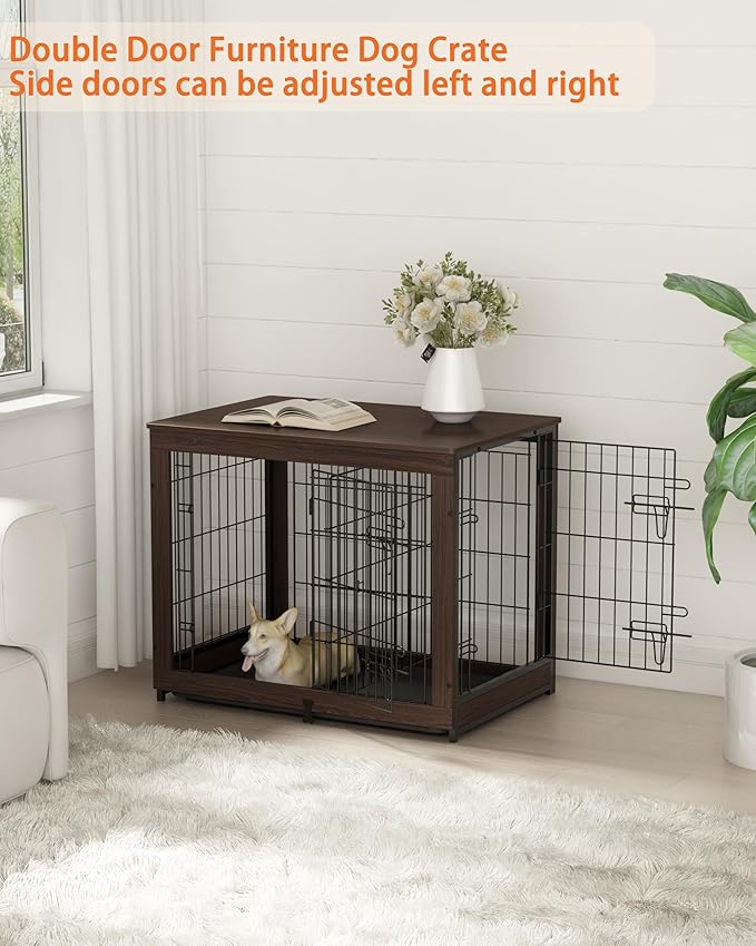 Piskyet Wooden Dog Crate Furniture with Divider Panel, Dog Crate End Table with Fixable Slide Tray, Dog Kennel Furniture, Dog Kennel Indoor for Medium Dogs(M:31.8" L*22.1" W*26.3" H,Brown Walnut)