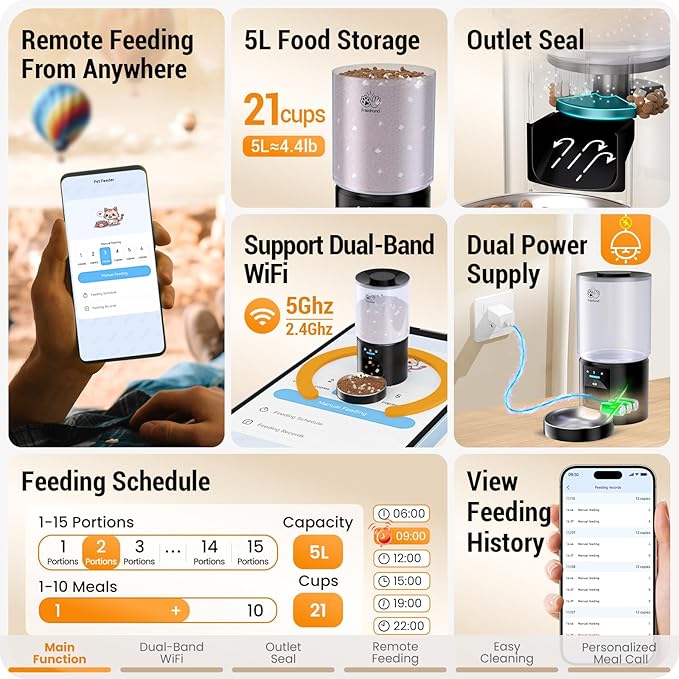 5L Automatic Cat Feeder with Sealed Outlet: 5G WiFi Automatic Dog Feeder with Large Pet Food Storage Container, Auto Cat Food Dispenser for Multiple Pets, Detachable for Easy Clean - 21 Cup