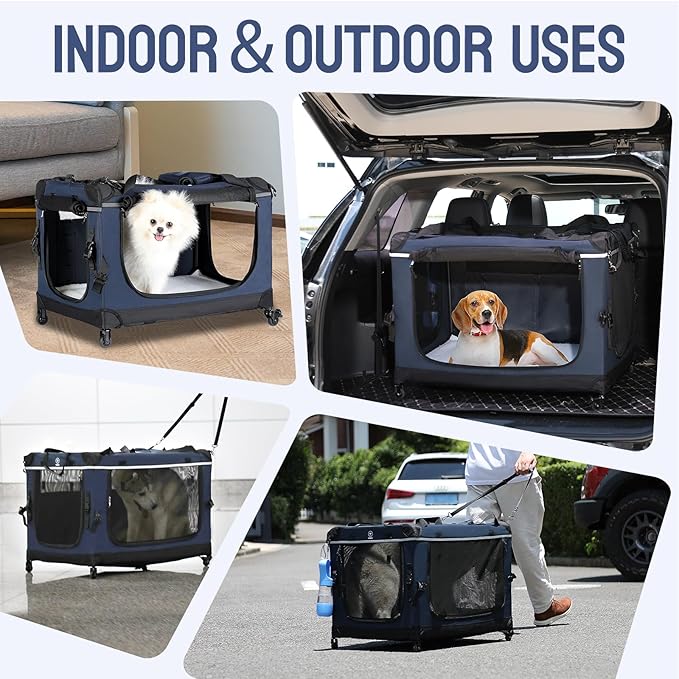 24IN Soft Collapsible Dog Crate w Detachable Wheels, Rolling Travel Dog Crate for Small Breed Dogs, Portable Dog Kennel with Mesh Windows, Indoor & Outdoor Uses