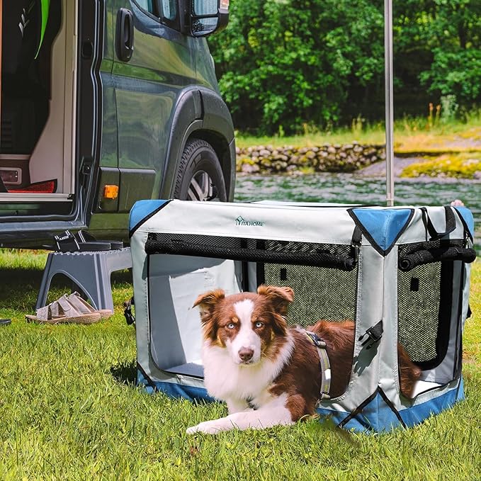 YITAHOME Collapsible Dog Crate, 4-Door Portable Travel Dog Crate, 4-Door Folding Soft Dog Kennel with Breathable Mesh Windows & Soft Mat,Indoor & Outdoor Use, 42" L x 31" W x 31" H, Flat Style
