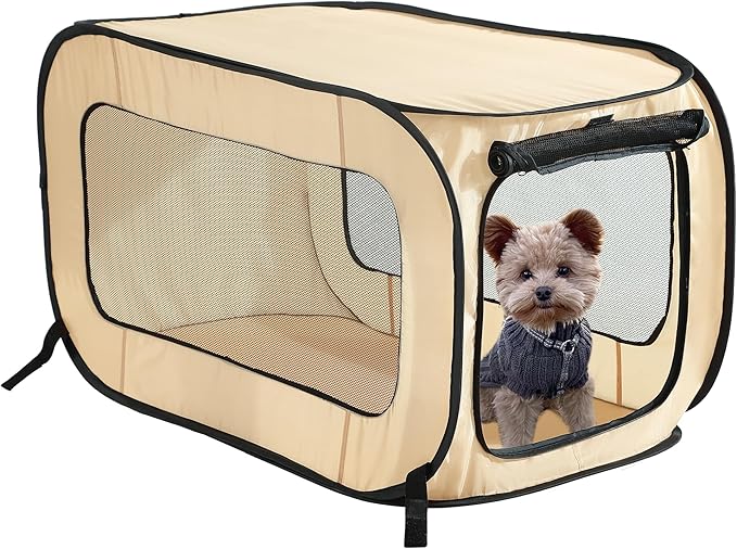 Beatrice Home Fashions Portable, Collapsible, Pop Up Kennel Travel Cat and Dog Crate, 40" L x 27" W x 27" H, Beige