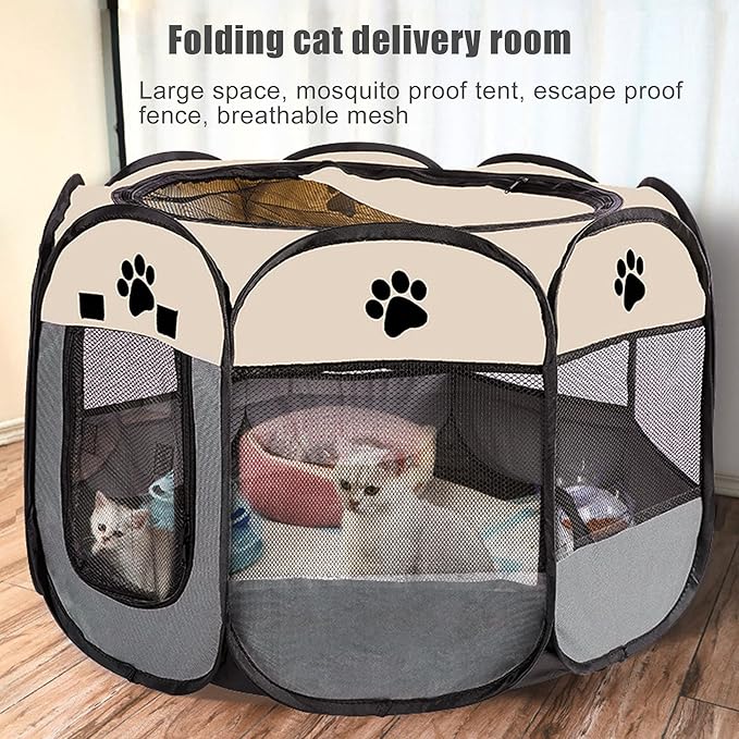 Portable Dog Playpen, Pet Play Pen for Indoor Outdoor Cat, Kitten/Puppy Exercise Playpen Tent Birthing Box, Waterproof Travel Dog Kennel Camping Cage for Small Medium Dog Animal House (Grey)