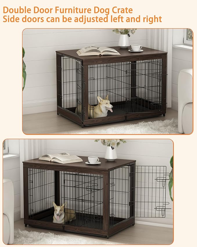 Piskyet Wooden Dog Crate Furniture with Divider Panel, Dog Crate End Table with Fixable Slide Tray, Double Doors Dog Kennel Indoor for Dogs(XL:43.2" L * 28.6" W * 30.3" H,Brown Walnut)