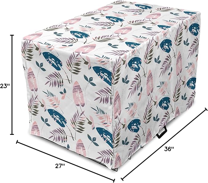 Ambesonne Leaves Dog Crate Cover, Abstract Foliage in Pastel Colors Tropical Jungle Forest Plants with Grunge Effect, Easy to Use Pet Kennel Cover for Medium Large Dogs, 36 Inch, Petrol Blue Baby Pink