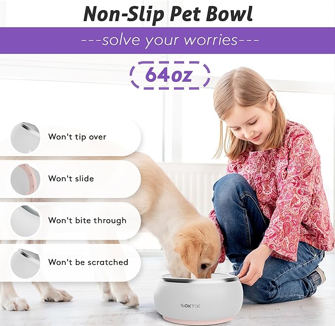 COKTIK Dog Bowl, Insulated Stainless Steel Food Bowls for Dogs & Cats, Non-Slip Dog Bowls Water Bowl Large Breed, Easy to Clean, Durable and Dishwasher Safe (64oz, White)