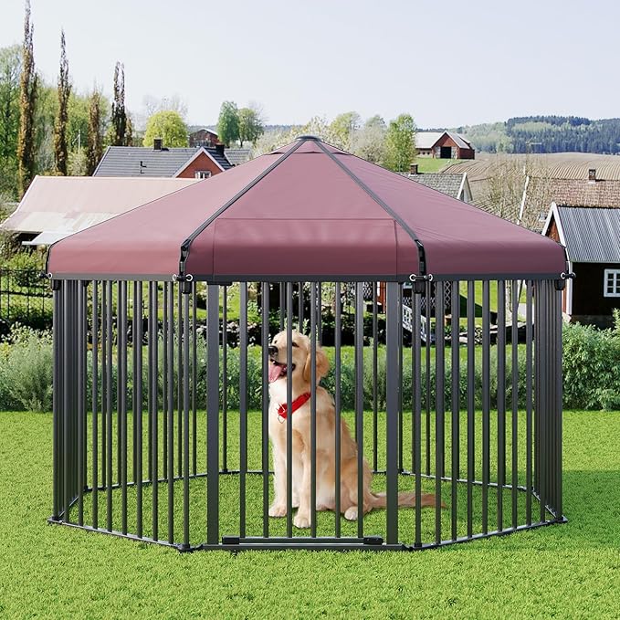 Octagon Outdoor Dog Kennel with Roof, Large Dog Kennel Outside with Metal Gate, Outdoor Dog Playpen with Secure Lock for Backyard (4.9x4.9x3.6FT)