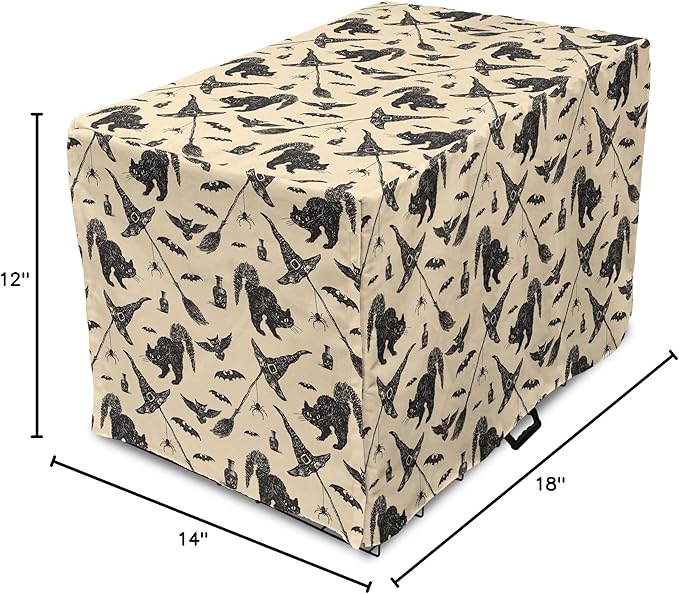 Lunarable Halloween Dog Crate Cover, Sketch Drawn Bat Cat Spider Witch Hat and Broom Pattern, Easy to Use Pet Kennel Cover for Small Dogs Puppies Kittens, 18 Inch, Grey Beige Charcoal