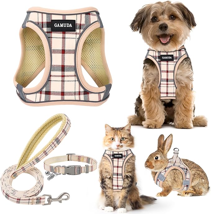 GAMUDA Small Dog Harness Collar and Leash Set, Step in No Chock No Pull Soft Mesh Adjustable Dog Vest Harnesses Plaid Reflective for Dogs Puppy Cats Kitten Rabbit (Beige, XXS)