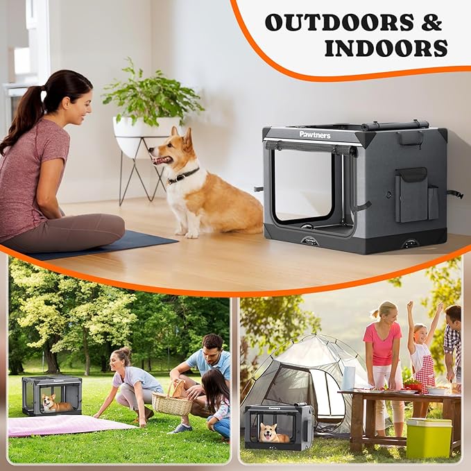 Collapsible Dog Crate: 30 Inch Foldable Soft Sided Dog Crate for Medium Dogs, Portable Dog Travel Kennel with Soft Mat for Indoors & Outdoors, Grey