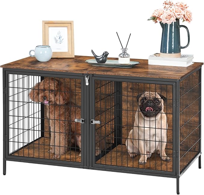 Dog Crate Furniture for 2 Dogs, 43.3" Dog Kennel with Removable Divider, Heavy Sturdy Dog Furniture Style Double Cage for Small Medium Dog, Indoor Pet House End Table, Rustic Brown DCHR1201
