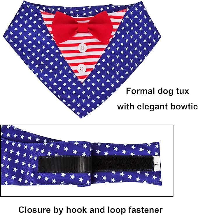 ADOGGYGO American Flag Dog Tuxedo Bandana, Red Blue Pet Tux with Bowtie Adjustable 4th of Julty Bandana Costume for Extra Small Dogs Pets (XS)