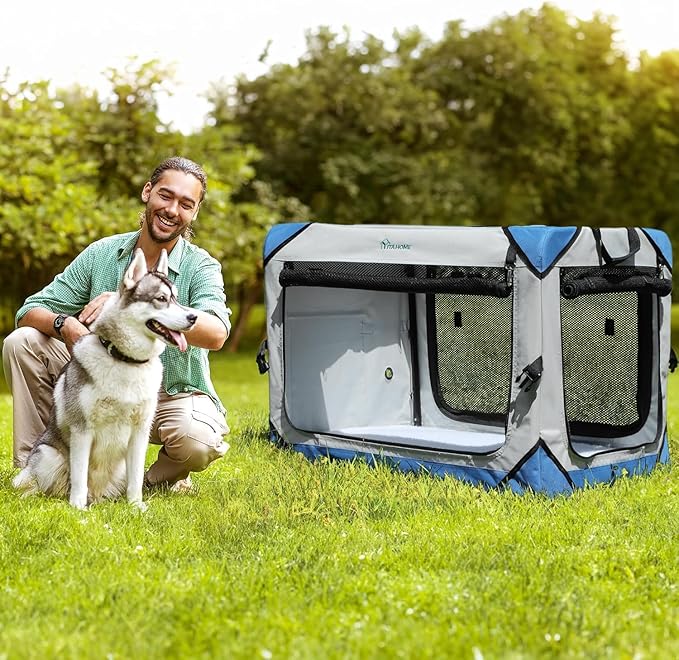 YITAHOME Collapsible Dog Crate, 4-Door Portable Travel Dog Crate, 4-Door Folding Soft Dog Kennel with Breathable Mesh Windows & Soft Mat,Indoor & Outdoor Use, 42" L x 31" W x 31" H, Flat Style