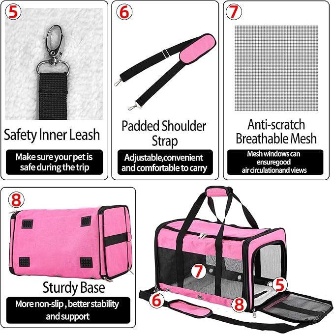 Soft Sided Cat/Dog Carrier,Collapsible Pets Travel Carriers for Pet/Puppy with Shoulder Strap & Removable Mat,Mesh Top Load Small Dogs/Cats Carry Bag Up to 25 Lbs(Pink,L)