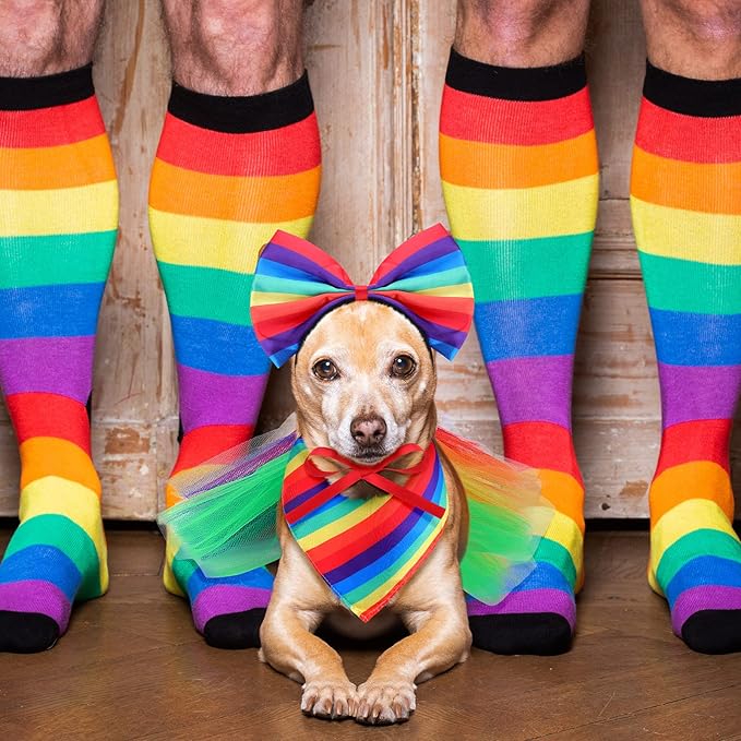 Amylove Dog Rainbow Bandana 3 Pcs Gay Pride Pet Costume Set Includes Bowknot Rainbow Headband Handkerchief and Cute Dog Tutu Pride Accessories for Small Medium Pets Dress Party