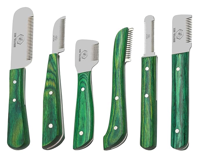Brutul Bee Dog Grooming Coat Stripping Knife Stripper Trimmer Tool Wooded Handle Stripping Knives Set of 6 in Stainless Steel Non-Slip Tools for Grooming Dogs (Green)