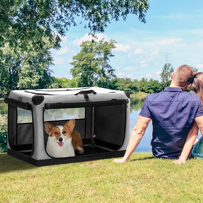 PETSFIT Collapsible Dog Crate, with Patented Adjustable Fabric Cover, Chewproof & Lockable Mesh Doors, Waterproof Base Portable Kennel Grey 30 Inch