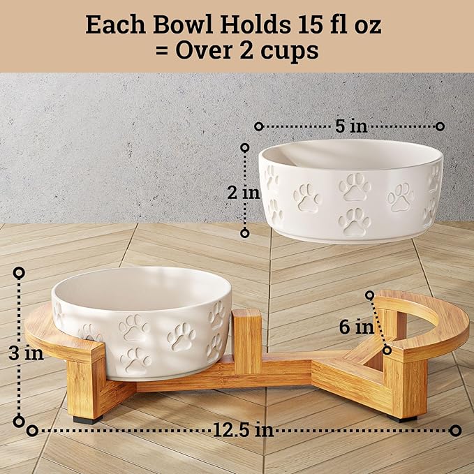 Ceramic Dog Bowls with Stand - Small Dog Bowl Set with Stand Non-Slip - 2 Ceramic Dishes with Anti-Skid Bamboo Stand for Small Dogs - Elevated Dog Bowls Set of 2 - Raised Pet Feeding Station