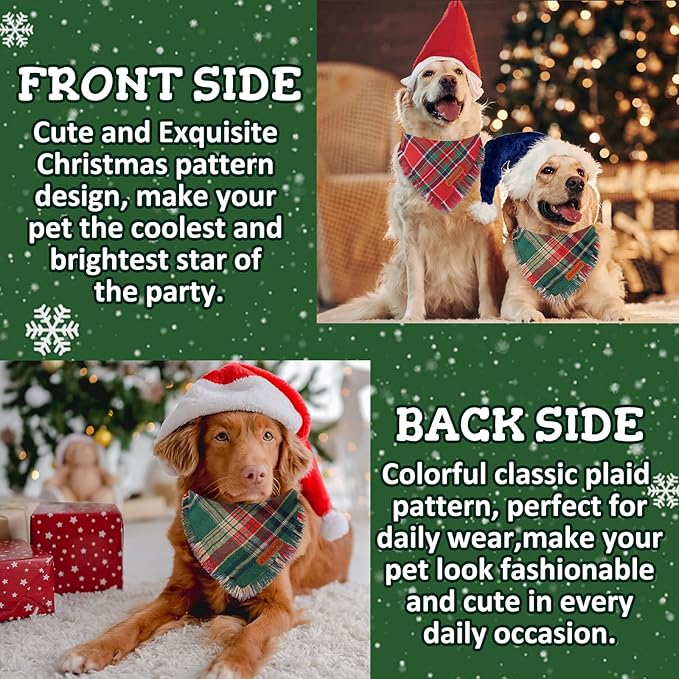 Merry Christmas Dog Bandanas with Tassels Edges Classic Stylish Plaid 2 Pack Christmas Xmas Dogs Bandana Pet Scarf Bibs Pet Scaf Christmas for Small Medium Large Dog Pets