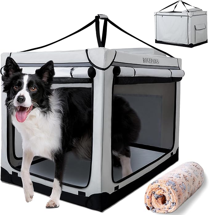 Soft Collapsible Dog Crate - 36 Inch Portable Travel Crate with Extra Space Indoor & Outdoor, 4-Door Foldable Pet Kennel with Durable Mesh Windows, Light Gray