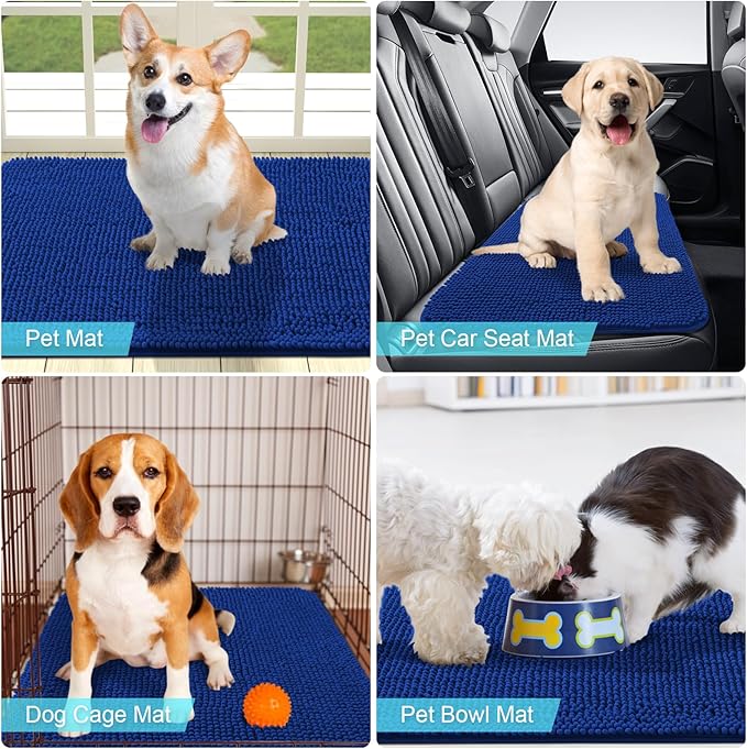 OLANLY Dog Door Mat for Muddy Paws 36x24, Absorbs Moisture and Dirt, Absorbent Non-Slip Washable Mat, Quick Dry Chenille, Mud Mat for Dogs, Entry Indoor Door Mat for Inside Floor, Royal Blue