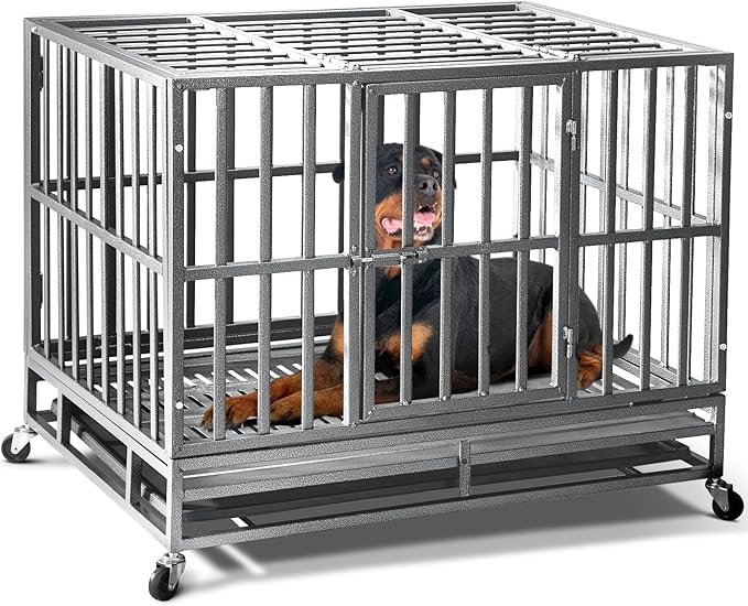 38 inch Heavy Duty Indestructible Dog Crate,2025 New Upgraded Reinforced Baseplate for Large Dogs,XL Dog Crate for High Anxiety Dogs/Max Load Capacity 200lbs/Double Door with WheelsοΌSilverοΌ
