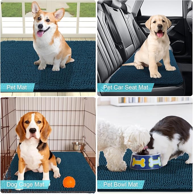 OLANLY Dog Door Mat for Muddy Paws 40x32, Absorbs Moisture and Dirt, Absorbent Non-Slip Washable Mat, Quick Dry Chenille, Mud Mat for Dogs, Entry Indoor Door Mat for Inside Floor, Atlantic Blue