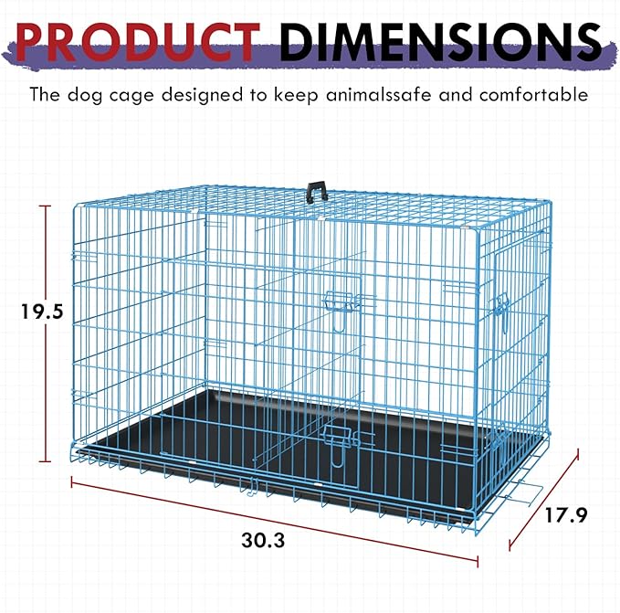 PayLessHere Large Dog Crate Kennel for Medium Large Dogs 30 inches Metal Dog Cage Double-Door Folding Travel Indoor Outdoor Puppy Playpen with Divider and Handle Plastic Tray,Blue
