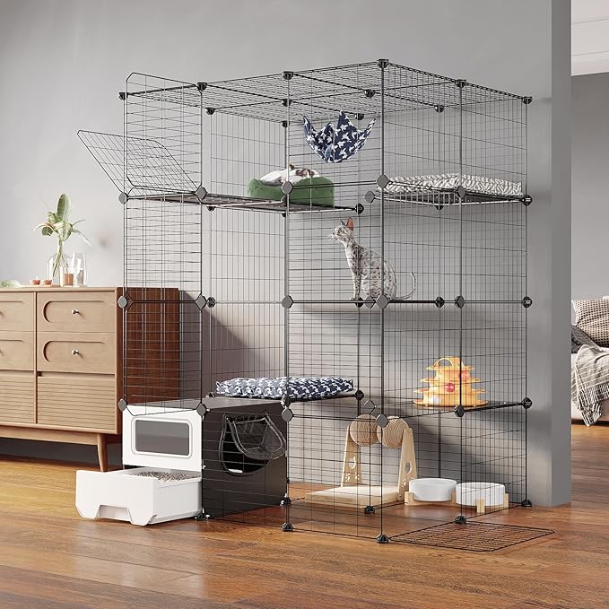 Oneluck Cat Cage with Litter Box, Large 4-Tier DIY Enclosures Detachable Metal Wire Kennel Indoor Crate Exercise Place Ideal for 1-3 Cats