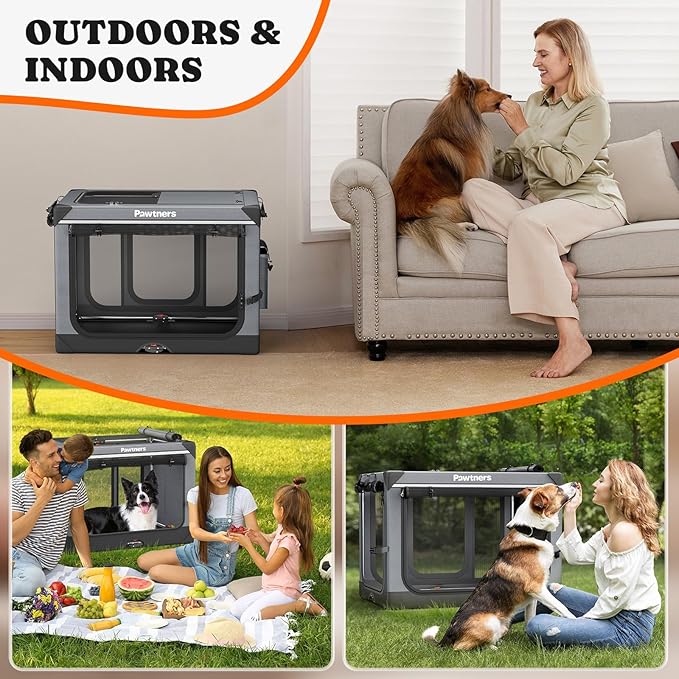 Collapsible Dog Crate: 38 Inch Foldable Soft Sided Dog Crate for Large Dogs, Portable Dog Travel Kennel with Soft Mat for Indoors & Outdoors, Grey