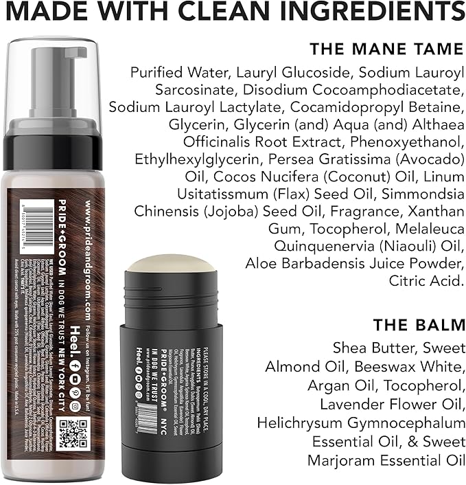 Pride and Groom The Tool Kit – Dog Grooming Gift set of 7.1oz of Foaming Waterless Shampoo, 2.5oz of Moisturizing Balm, and a Versatile Brush to Cleanse, Moisturize, Detangle and More in Between Baths