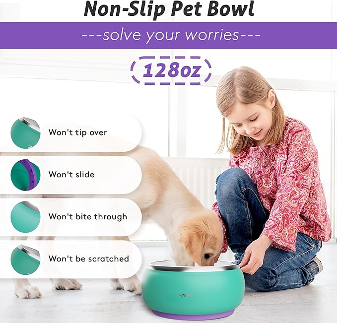 COKTIK Dog Bowl, Insulated Stainless Steel Food Bowls for Dogs & Cats, Non-Slip Dog Bowls Water Bowl Large Breed, Easy to Clean, Durable and Dishwasher Safe (128oz/1Gallon, Aurora)