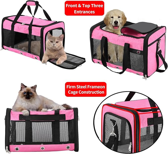 Soft Sided Cat/Dog Carrier,Collapsible Pets Travel Carriers for Pet/Puppy with Shoulder Strap & Removable Mat,Mesh Top Load Small Dogs/Cats Carry Bag Up to 25 Lbs(Pink,L)