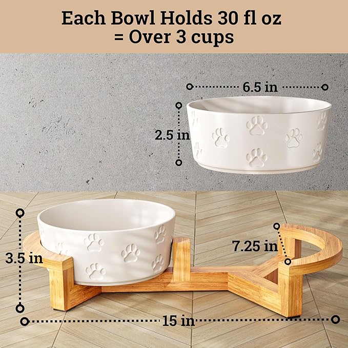 Ceramic Dog Bowls with Stand - Medium Dog Bowl Set with Stand Non-Slip - 2 Ceramic Dishes with Anti-Skid Bamboo Stand for Medium Dogs - Elevated Dog Bowls Set of 2 - Raised Pet Feeding Station