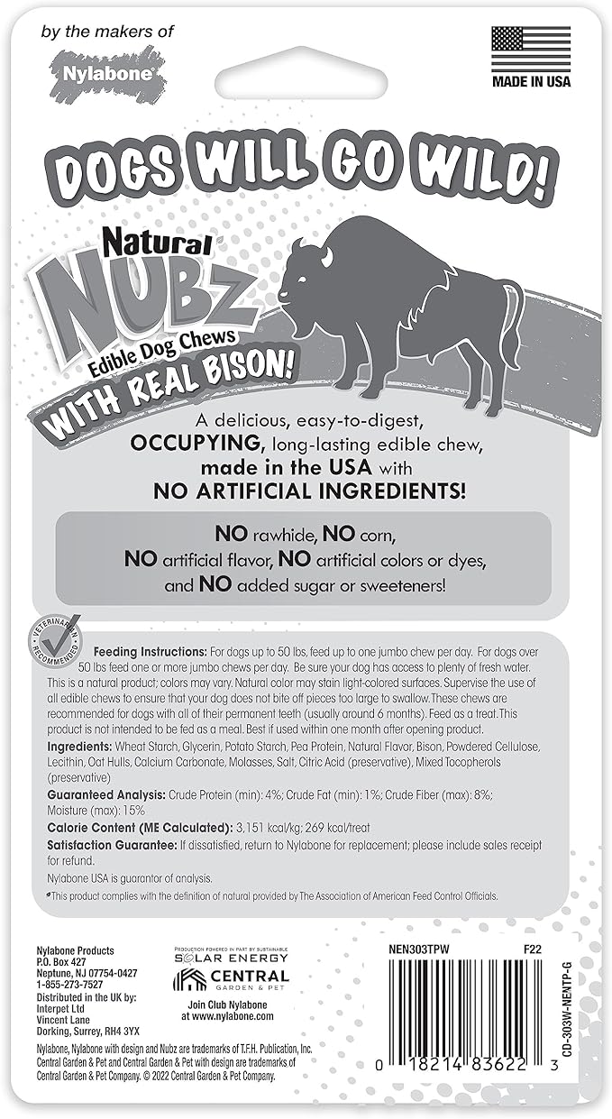 Nylabone Nubz Wild Natural Edible Chew Treats for Dogs, Made in USA, Bison Flavor, Large - Up to 50 lbs. (2 Count)