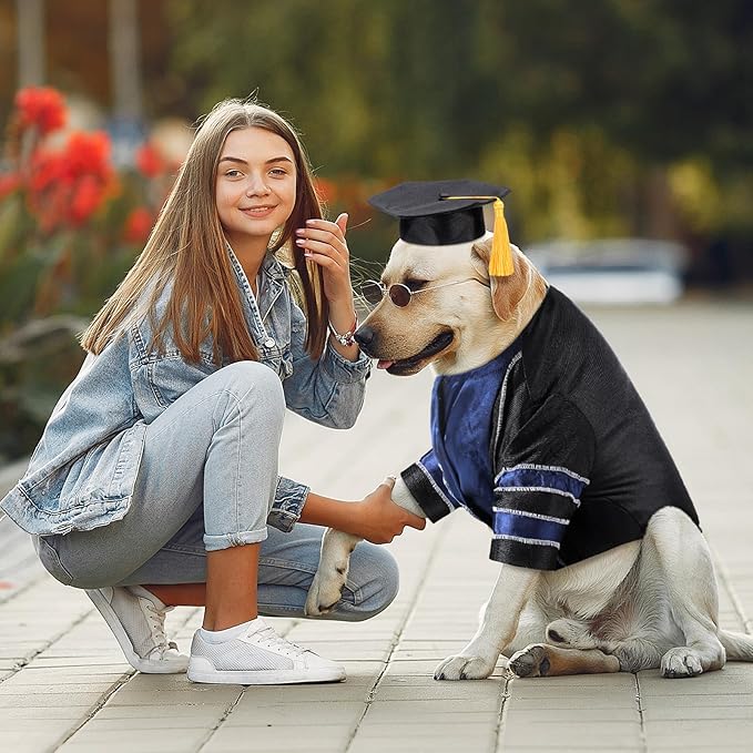 Geyoga Dog Cat Graduation Cap and Gown Set 2025 Washable Dog Costume Puppy Black Graduation Hat with Tassel Pet Holiday Party Costume Accessory(XL)