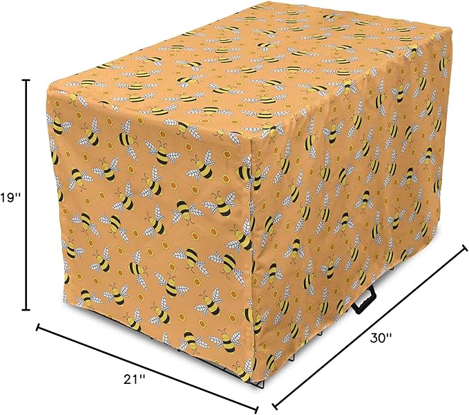 Ambesonne Honey Bee Dog Crate Cover, Cartoon Style Flies and Hexagonal Shapes Scattered, Easy to Use Pet Kennel Cover for Cats & Medium Dogs, 30 Inch, Orange Mustard