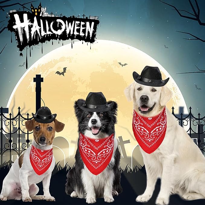 Dog Halloween Costumes, Dog Cowboy Costume Halloween Pet Cowboy Hat Bandana Scarf for Small Medium Large Dogs Pets (Black Hat & Red Bandana, Small)