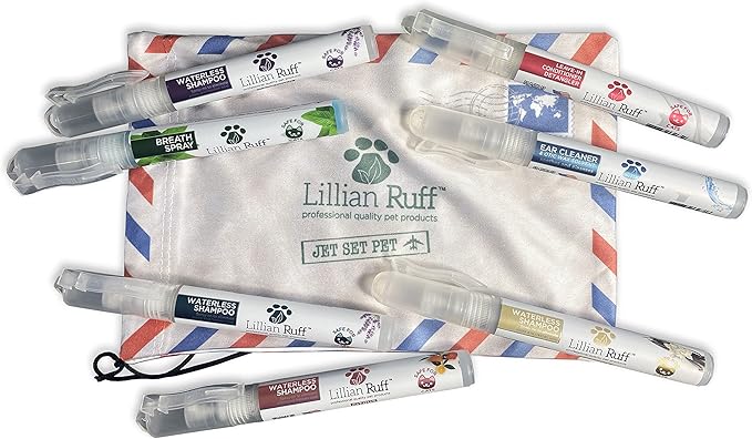 Lillian Ruff Travel Kit for Dogs | Dog Grooming Spray for Airline Travel, Dog Camping, Dog Beach | Deodorizing Waterless Dog Shampoo x4, Dog Breath Freshener, Dog Detangler Spray, Dog Ear Cleaner