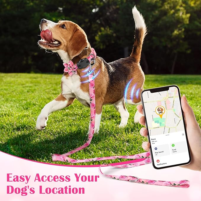 Airtag Dog Collar for Medium Dogs, Rose-Pink Dog Collars Girl with AirTag Holder Waterproof Airtag Case, Including Flower Spring Dog Collar Bowtie, for All Female Dogs 