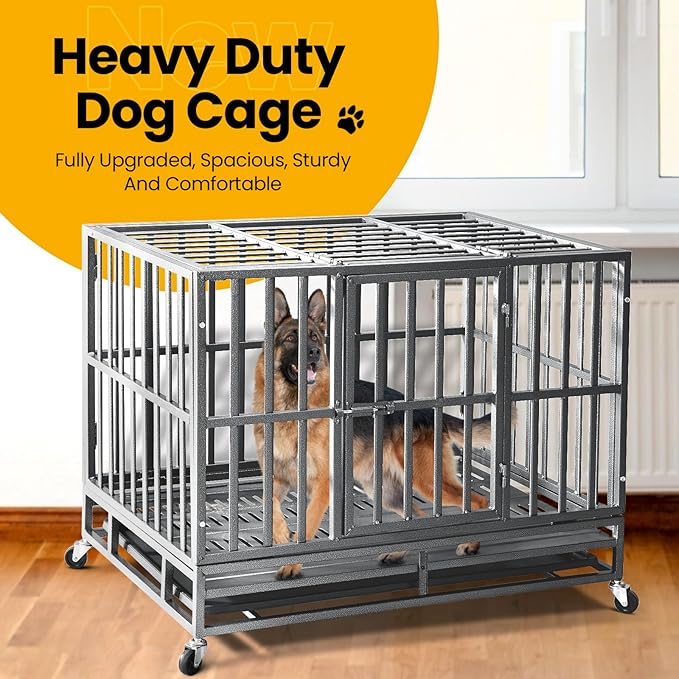 38 inch Heavy Duty Indestructible Dog Crate,2025 New Upgraded Reinforced Baseplate for Large Dogs,XL Dog Crate for High Anxiety Dogs/Max Load Capacity 200lbs/Double Door with WheelsοΌSilverοΌ