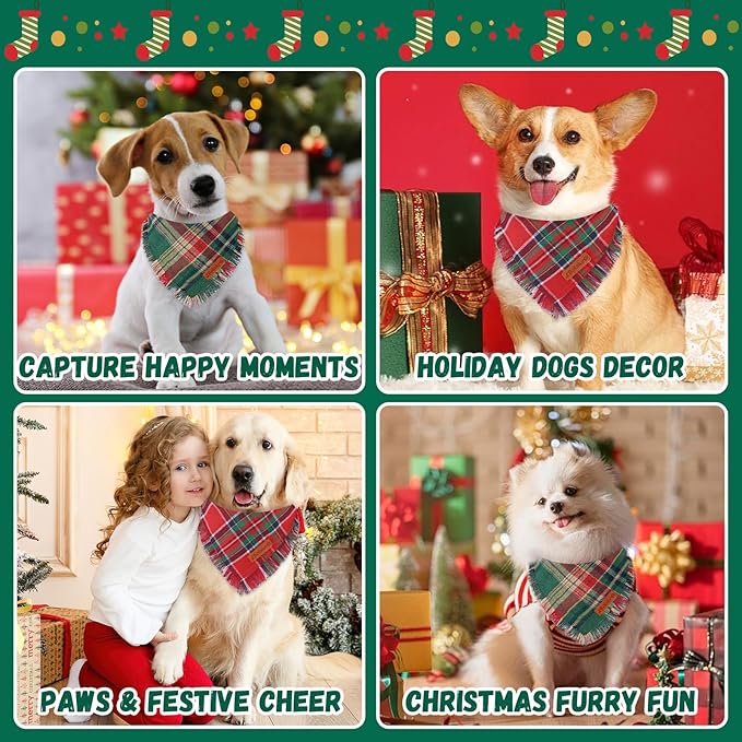 Merry Christmas Dog Bandanas with Tassels Edges Classic Stylish Plaid 2 Pack Christmas Xmas Dogs Bandana Pet Scarf Bibs Pet Scaf Christmas for Small Medium Large Dog Pets