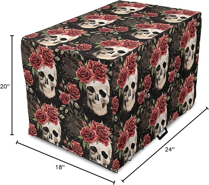 Lunarable Halloween Dog Crate Cover, Mexican Sugar Skull Rose Bouquets Spooky Traditional Humour Culture, Easy to Use Pet Kennel Cover for Cats & Medium Dogs, 24 Inch, Black Grey