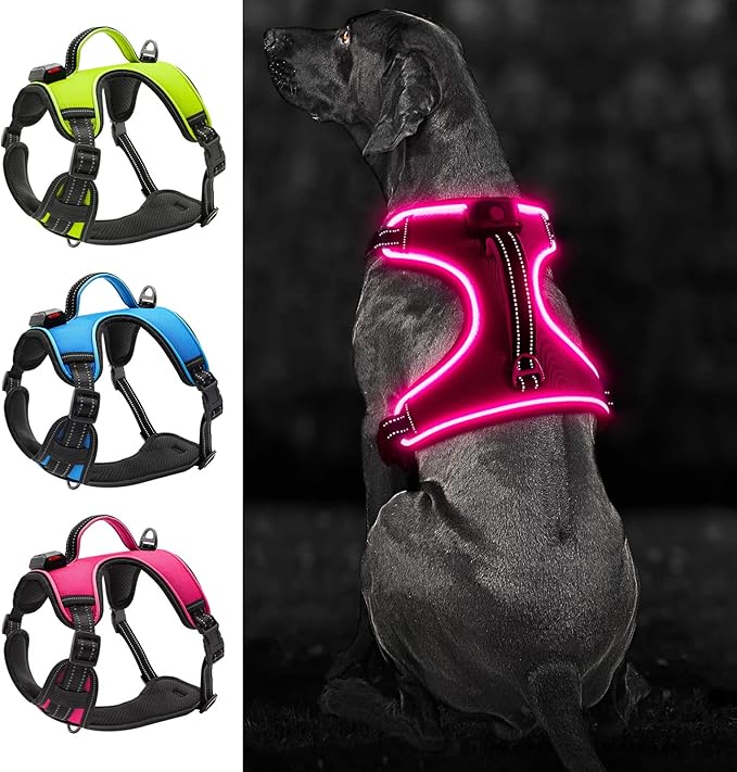 Light Up Dog Harness No-Pull LED Dog Harness with Handle Rechargeable Lighted Dog Vest Harness Dog Harness for X-Small/Small/Medium/Large/X-Large Size (Pink, L)
