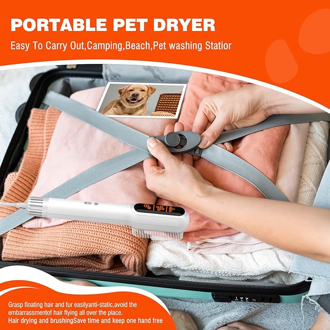 Pet Hair Dryer for Dogs, 2 in 1 Portable Pet Grooming Hair Dryer, LED Screen, NTC Smart Temperature Adjustment, Less Noise, 106000 High Rotating Speed Pet Hair Dryer Brush for Travel Camping