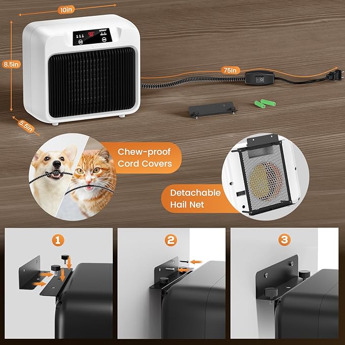 600W Dog House Heater, Pet Heater w Time Setting (2 4 8 H) Dog Heater for Outside Winter, 300/600W 2 Mode Electric Heater Indoor Outside for Livestock Kennel Heater Cat Cage Coop Winter