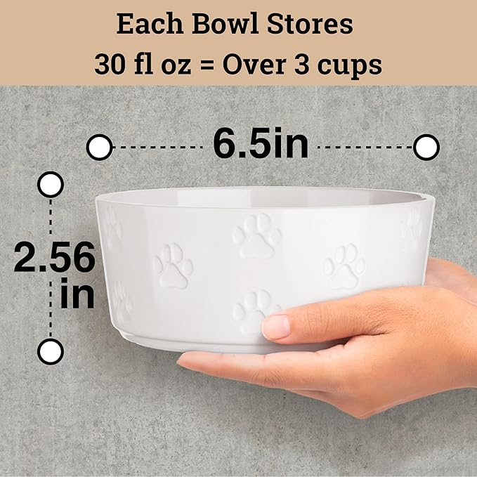 Ceramic Dog Bowl Set of 2 with Anti-Skid Base - 6.5" Wide x 2.5" Tall Ceramic Dog Bowls Medium Sized Dogs - 3 Cup Capacity Food and Water Bowls for Dogs - Rubber Bottom Pet Bowl Set of 2 Medium Size