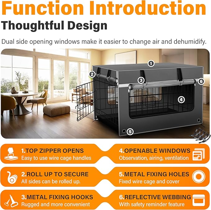 Multi-Functional Dog Crate Cover Perfectly Fits Standard 30Inch Dog Crates,Adjustable Ventilation and Lighting, Helps Pets Sleep Soundly,Zipper Design for Easy Installation, Gray(Cover Only)